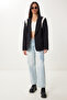Women's Black Bone Contrast Color Padded Woven Blazer Jacket Rg00076 - 3