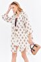 Linen Patterned Brown Midi Kimono Shirt - Front Tie, ARM-24Y001096