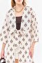 Linen Patterned Brown Midi Kimono Shirt - Front Tie, ARM-24Y001096 - 2