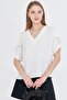 Women's White V-Neck Short Sleeve Blouse with Ruffled Sleeves Arm-25Y 001046 - 2