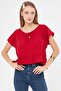 Women's Red Bat Sleeve Collar Tie Skirt Ruffle Oversize Crop Blouse Arm-24Y001088 - 4