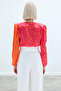 947-1040 Orange-Fuchsia Women's Contrast Patterned Double Breasted Blouse - 8