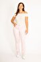 Women's Large Size Pink Lycra Gabardine Fabric Side Belt Elastic 5 Pocket Trousers 65n34542