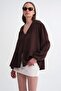 4563 Women's Loose Muslin Shirt with Tie Collar and Elastic Sleeves Brown - 4