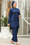 Pearl Embroidered Navy Blue Hijab Double Suit 10691L - 3