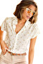 Women's Cream Polka Dot Patterned White Batwing Short Sleeve Shirt with Buttons - 4