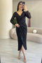 Women's Black Sequin Design Double Breasted Collar Long Sleeve New Season Plus Size Evening Dress