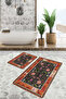 Red Black Ethnic Motif Vintage Patterned Non-Slip Base Washable 2-Piece Bathroom Mat Set - 3