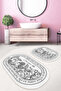 Black and White Flower Motif Modern Oval Set of 2 Non-Slip Base Washable Bath Mat Set