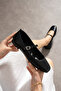 Black Leather Blunt Toe Buckle Detailed Women's Ballerinas