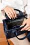 Women's Navy Blue Medium Size Linen Hand and Shoulder Bag 236072Mh - 6