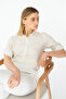 Women's Light Brown Line Patterned Linen Shirt with Folded Sleeves New Season - 5