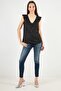 Women V-Neck Cap Sleeves Metallic Blouse, Black - 4