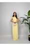 Women's Yellow Chest Gathered Kaik Collar Long Evening Dress Graduation Dress