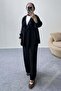 Ruffle Neck Tie-Up Tunic and Wide Leg Pants Set 8845 - Black - 3