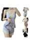 Women's Silk Satin with Lace Pajama Set - Elegant Set with Shorts, V-Neck Lace Nightwear - 5