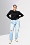 Women Crew Neck Long Sleeves Embroidered Sweatshirt, Black - 2