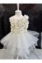 Flowered Tulle Strap Stone Girl's White Evening Dress