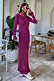 Women's Plum Openwork Knitted Long V-Neck Dress - 6