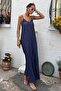 Women's Navy Blue V-Neck Strap Maxi Dress - 6
