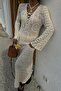Women's Ecru Acrylic Openwork Long V-Neck Dress - 5