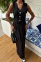 Women's Black Linen V-Neck Sleeveless Suit - 4