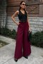 Women's Burgundy Long Woven Wide Leg Trousers - 2