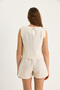 Women's Beige Thick Strap Blouse High Waist Pocket Detailed Shorts Linen Set 9307 60281085 - 7