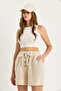Women's Beige Pinstriped Linen Shorts with Elastic Waist, Button and String Accessories 2536 60281092 - 5