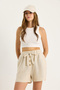 Women's Beige Pinstriped Linen Shorts with Elastic Waist, Button and String Accessories 2536 60281092 - 3
