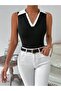 Women's Black Sleeveless White Collar Detailed Blouse