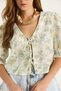 Women's White Green Floral Patterned Muslin Blouse with Tie Detail and Elastic Sleeves 1029 60283405 - 5