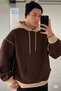 Men's Brown Hoodie Beige Reverse Stitch Detail Patternless Sweatshirt - 5