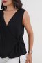 Double Breasted Cut Black Blouse with Wrap Tie Detail - 5