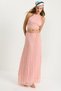 Women's Powder Back Detailed Gipeli Crop Blouse Lined Pleated Skirt Set 9542 60283444