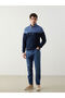 Navy Blue Stand Collar Long Sleeve Color Block Men's Sweatshirt - 2