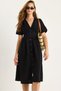 Women's Black V-Neck Waist Detailed Buttoned Short Sleeve Viscose Linen Dress 5260 60281100