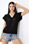 Women's V-Neck Openwork Knitwear Blouse Black - 3