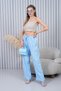 High Waist Loose Leg Light Blue Trousers with Lace-Up Waist - 7