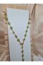 Gold Color Y Letter Shaped Long Chain Necklace with Green Stones - Elegant Handmade Design - 4