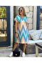 Women's Polo Neck Geometric Patterned Sleeve Drawstring Detailed Linen Blue Dress - 4