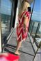 Women's Polo Neck Geometric Patterned Sleeve Drawstring Detailed Linen Pink Dress - 4