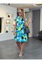 Women's Polo Neck Geometric Patterned Sleeve Drawstring Detailed Linen Turquoise Dress - 2