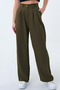 Khaki Pleated High-Waisted Comfortable Loose Fit Lycra Wide-Leg Button Closure Casual Trousers with Pockets - 5
