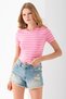 Women's Crew Neck Striped Cotton Crop T-Shirt Pink White - 25512 - 6