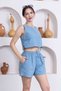 Women's Blue 100% Linen Shorts Pants Blouse 3 Piece Set Msc244 - 5