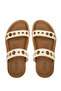 Women's Genuine Leather Beige Flat Slippers - 5