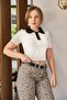 Polo Neck Button Crop Blouse White - 2