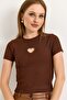 Heart Detailed Ribbed Knitted Blouse Brown - 5