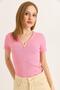 Collar V Detail Short Sleeve Camisole Blouse Pink - 2